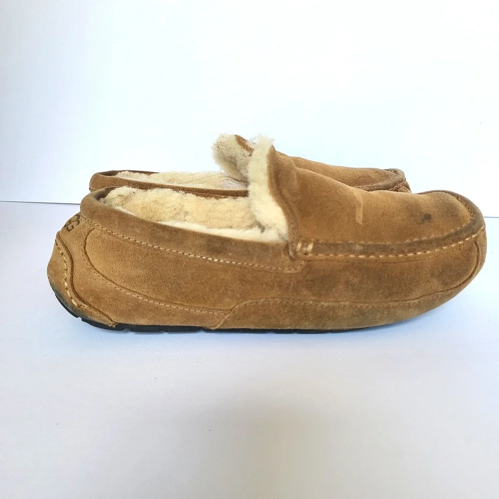 UGG Mens US 10 Ascot‎ Moccasin Moc Slippers Suede Shearling Lined Wool Tan Brown